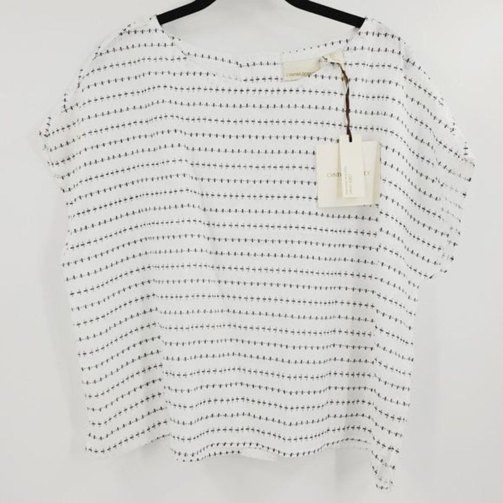 Stripe Bee Printed Cynthia Rowley Linen Button-Back Short Sleeve Top (NWT)